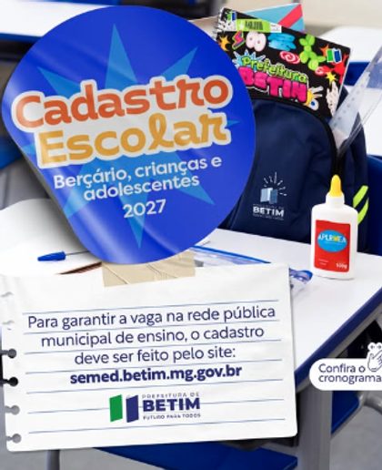 Material escolar sobre uma mesa, com o selo do Cadastro Escolar 2027 e o endereço do site da SEMED.